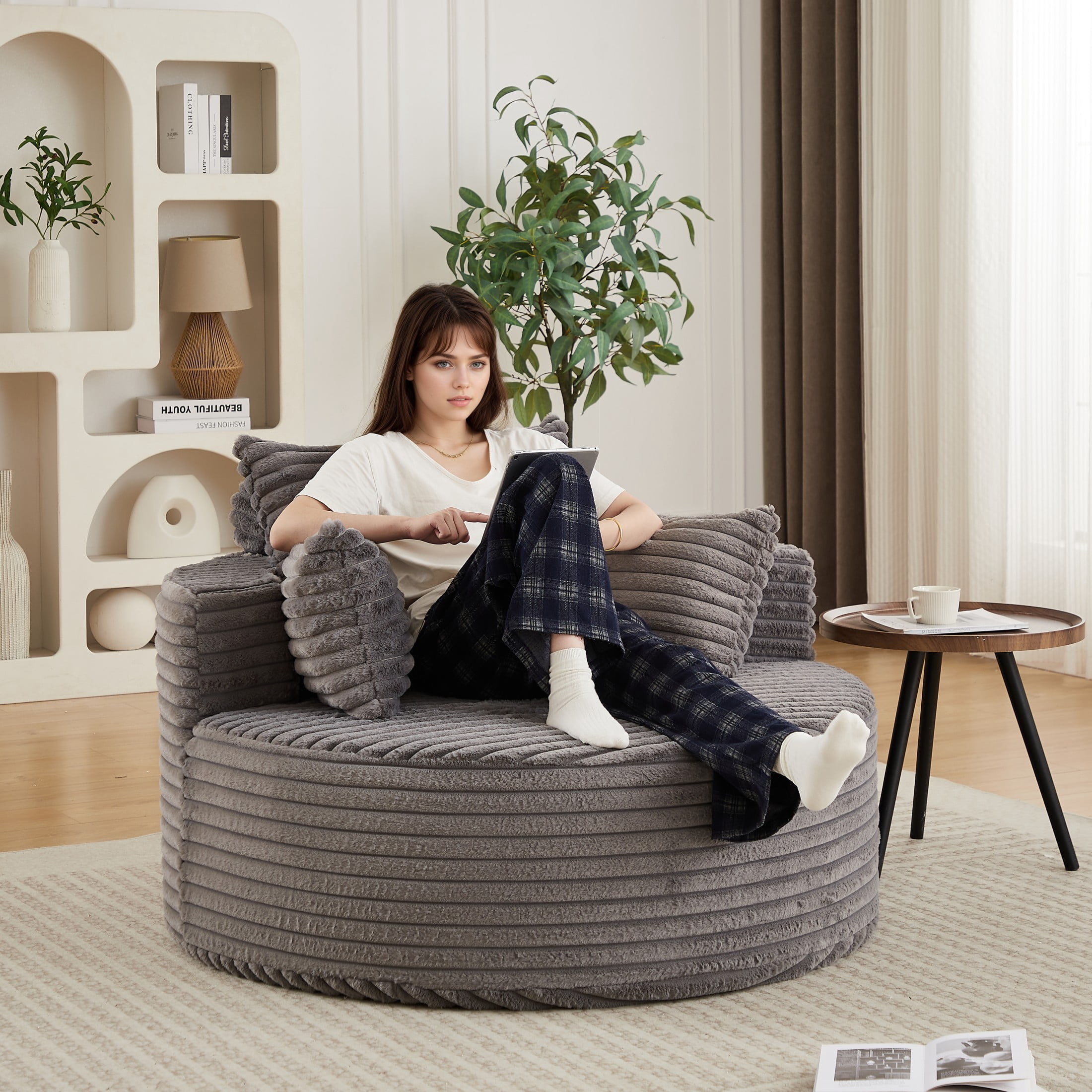 Aukfa 50" Oversized Corduroy Round Sofa Chair, Modern Deep Seat Chaise Lounge Chair Indoor with Pillows, No Assembly Required, Gray