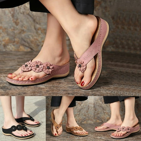 

Yfmall Flower Round Toe Wedge Open Toe Anti-slip Sandals Flip Flops Footwear for Daily Life