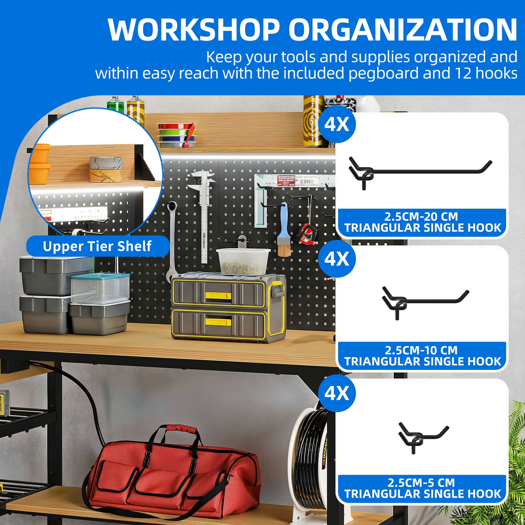 Uforic 47.2" Adjustable Heavy Duty Workbench with Wheels, Pegboard, Storage Shelf, AC/USB Outlets, LED Light, Hooks, 1100lb Load Capacity for Garage, Workshop, Home