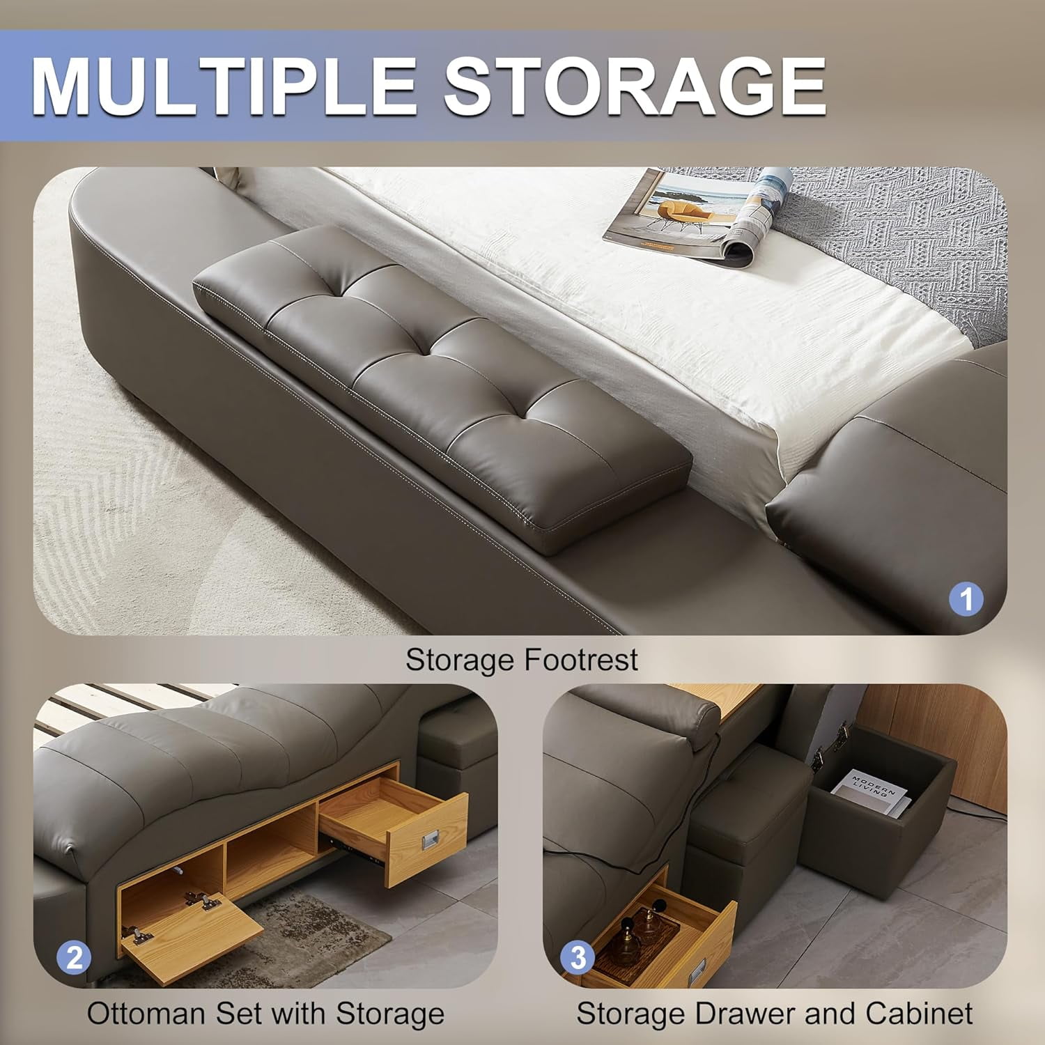 Queen Size Multifunctional Bed Frame, Upholstered Storage Platform with Right-Side Massage Recliner, Music Speaker, USB Charging Station