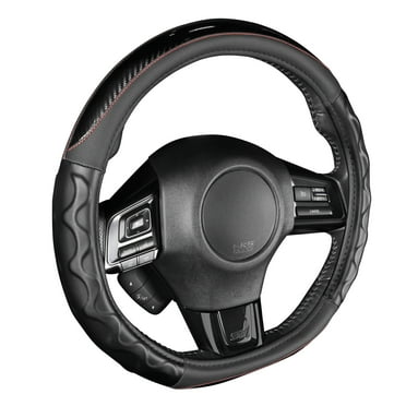 Motor Trend Redline D-Shaped Steering Wheel Cover - Premium Flat Bottom Car Steering Wheel Cover, Black Faux Leather Sterring Wheel Cover, Standard 15 inch
