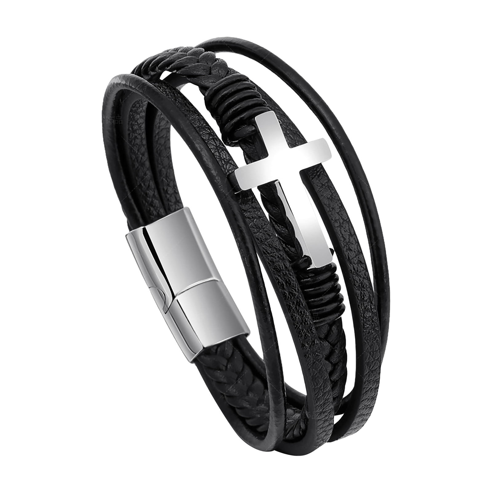 Men's Stainless Steel Leather Bracelet Magnetic Silver Clasp Bangle Black 