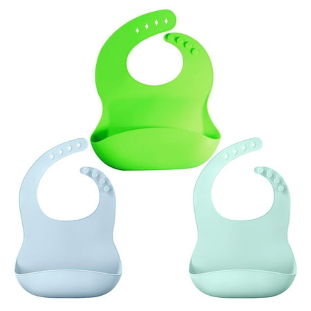 

3pcs Silicone Feeding Bib Waterproof Stereo Simple Kid Meal Bib for Boy Girl (Light Green Light Blue Green)