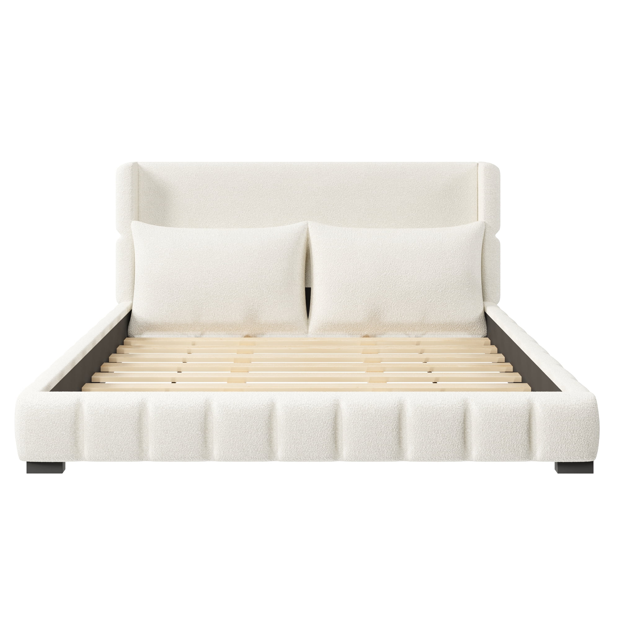 Euroco Velvet Upholstered King Size Platform Bed with Wingback Headboard and Pillows, White