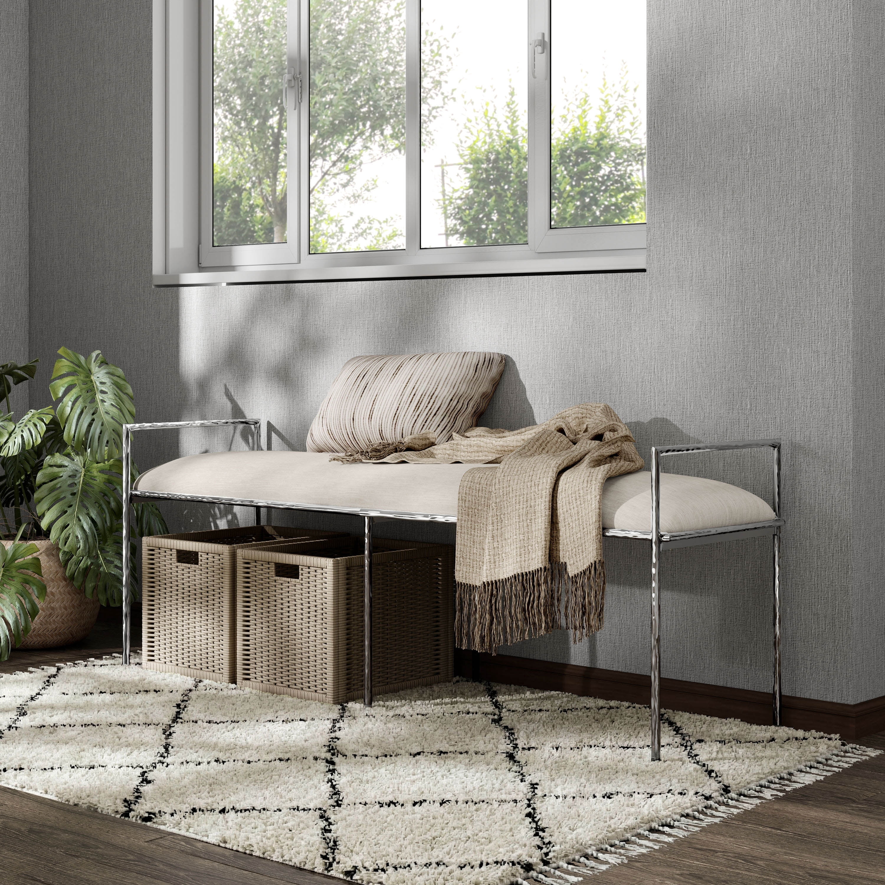 Furniture of America Zayen Modern Stainless Steel Upholstered Bench, Chrome