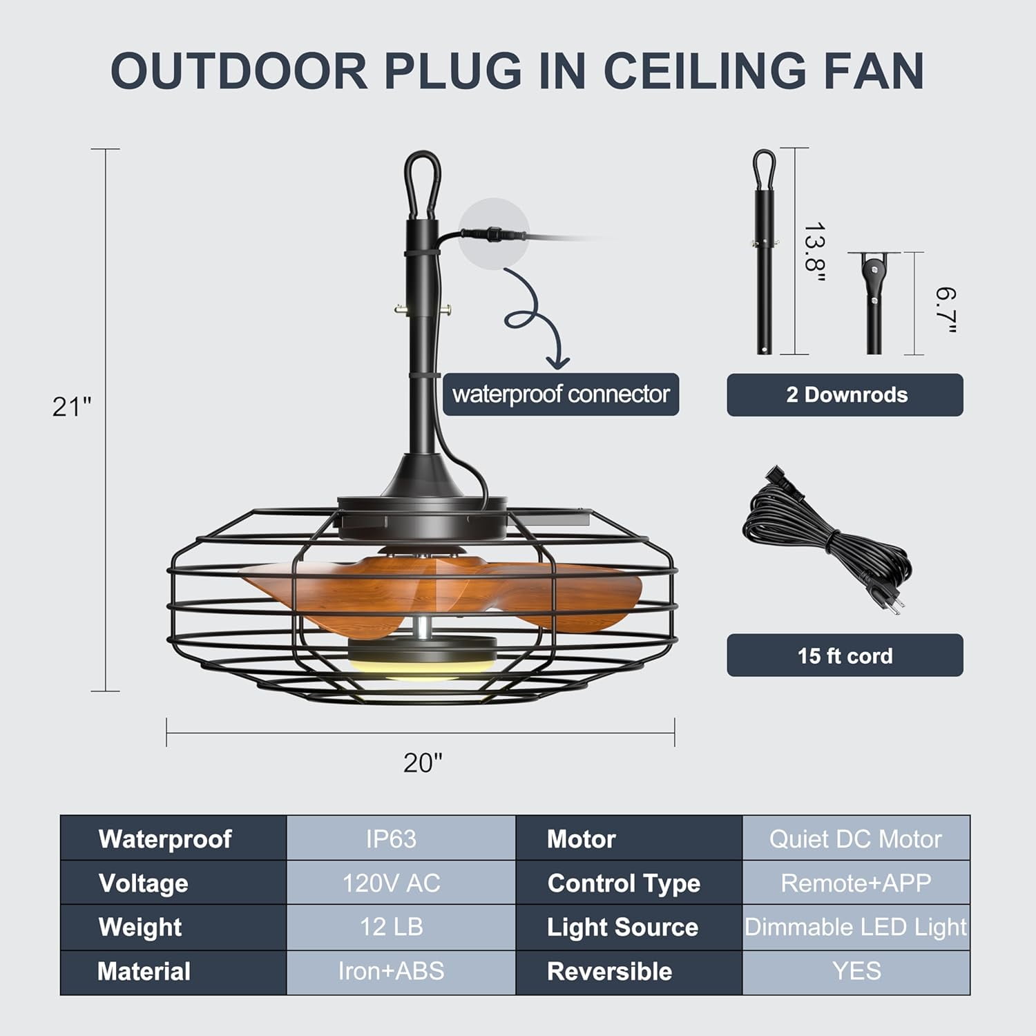 Ohniyou 20" Outdoor Ceiling Fans with Lights And Remote for Patio, Small Farmhouse Dimmable Waterproof Plug in Ceiling Fan for Gazebo Porch Canopy, Wood