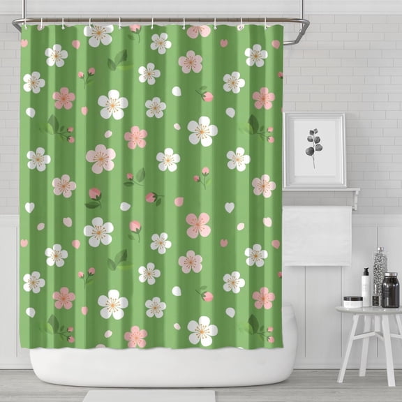 Strawberry and Blossom Pink Pattern Modern Waterproof Shower Curtain Set with 12 Hooks, Washable Decorative Bathroom Shower Curtain