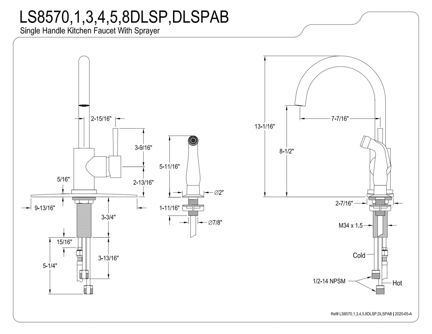 Kingston Brass LS8571DLSP Concord Single-Handle Kitchen Faucet with Side Sprayer, Polished Chrome