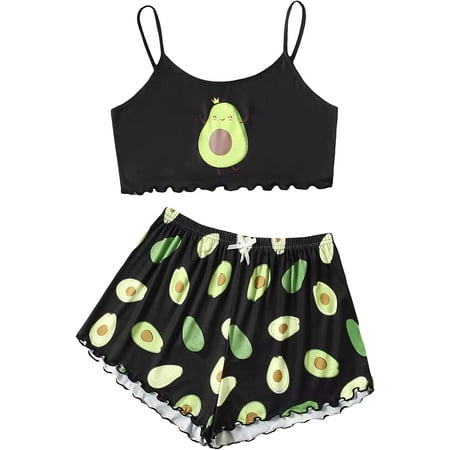 

ZWUYIYHJ Women s Cartoon Print Lettuce Trim Cami Top and Shorts Cute Pajama Set Sleepwear