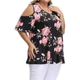 thumbnail image 3 of Camisa de mujer Blusa de manga corta con hombros descubiertos y estampado floral, negro, 4XL Monstrate AP002473-04, 3 of 6