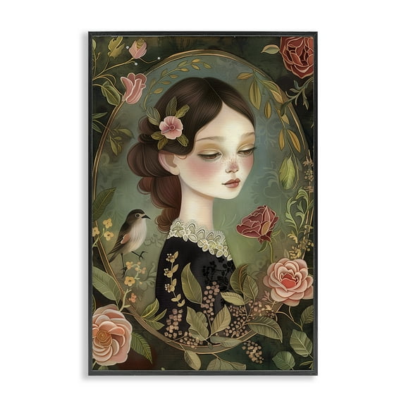 Stupell Industries Vintage Lady & Floral Border Portrait Painting Black Framed Art Print Wall Art, 12 x 18