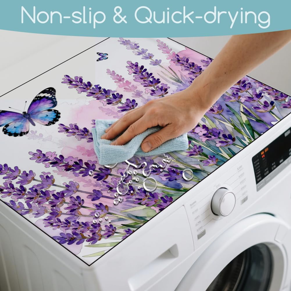 Purple Butterfly Washer Dryer Dust Cover 23.6×19.69inch Lavender Washing Machine Top Protector Pads Non Slip Washing Machine Top Covers