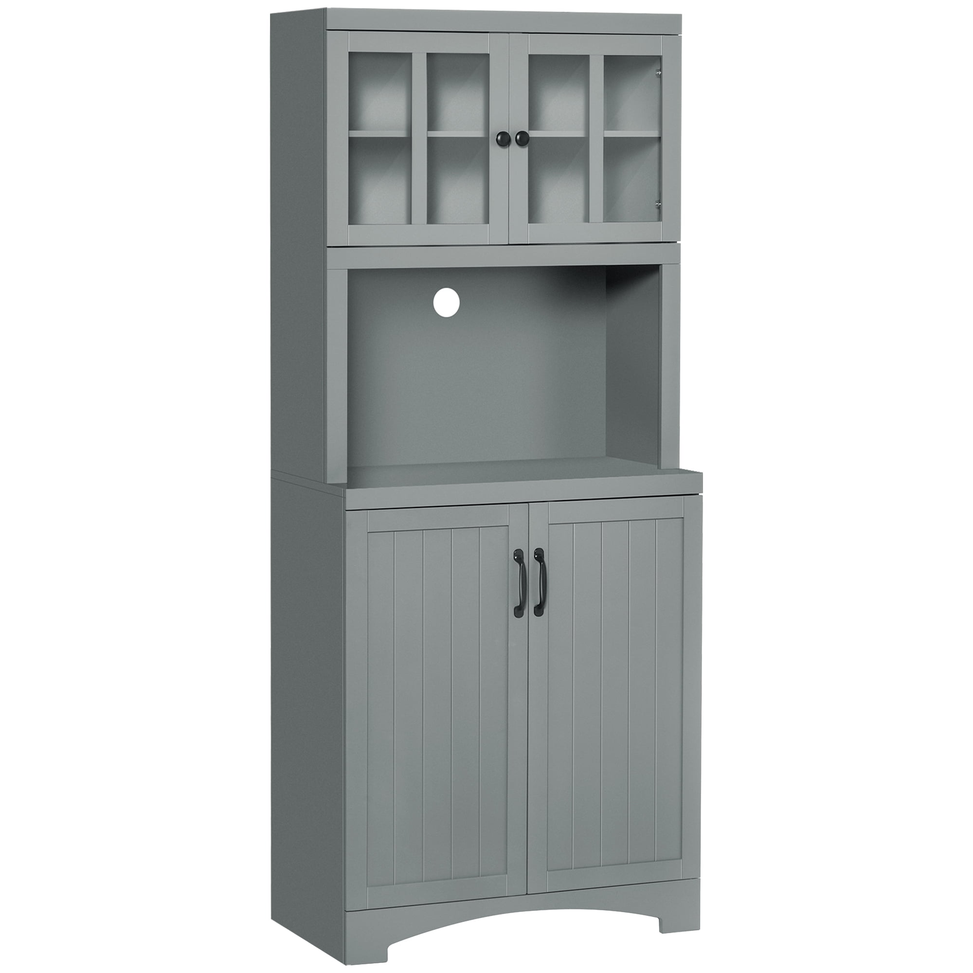 HOMCOM Kitchen Hutch, Pantry Cabinet with Glass Framed Door, Adjustable Shelves and Microwave Space for Dining Room, Gray