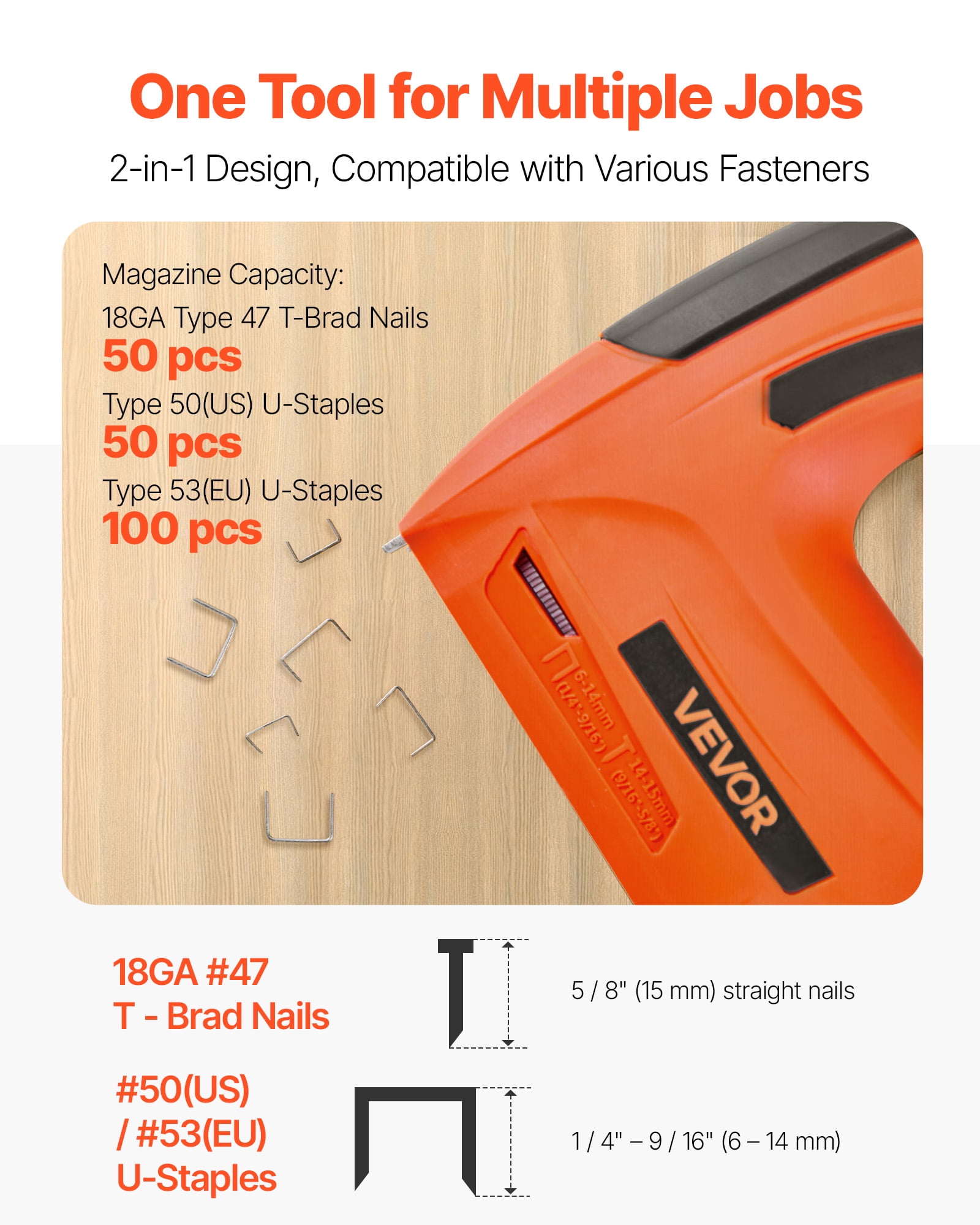 VEVOR Cordless Brad Nailer, 2-in-1 Nail Gun Staple Gun, 18 Gauge 5/8 inch, Battery Powered, with 1000 Pcs Staples and 1000 Pcs Nails, Non-Slip Rubber Grip,for Woodworking, Carpentry and DIY Projects
