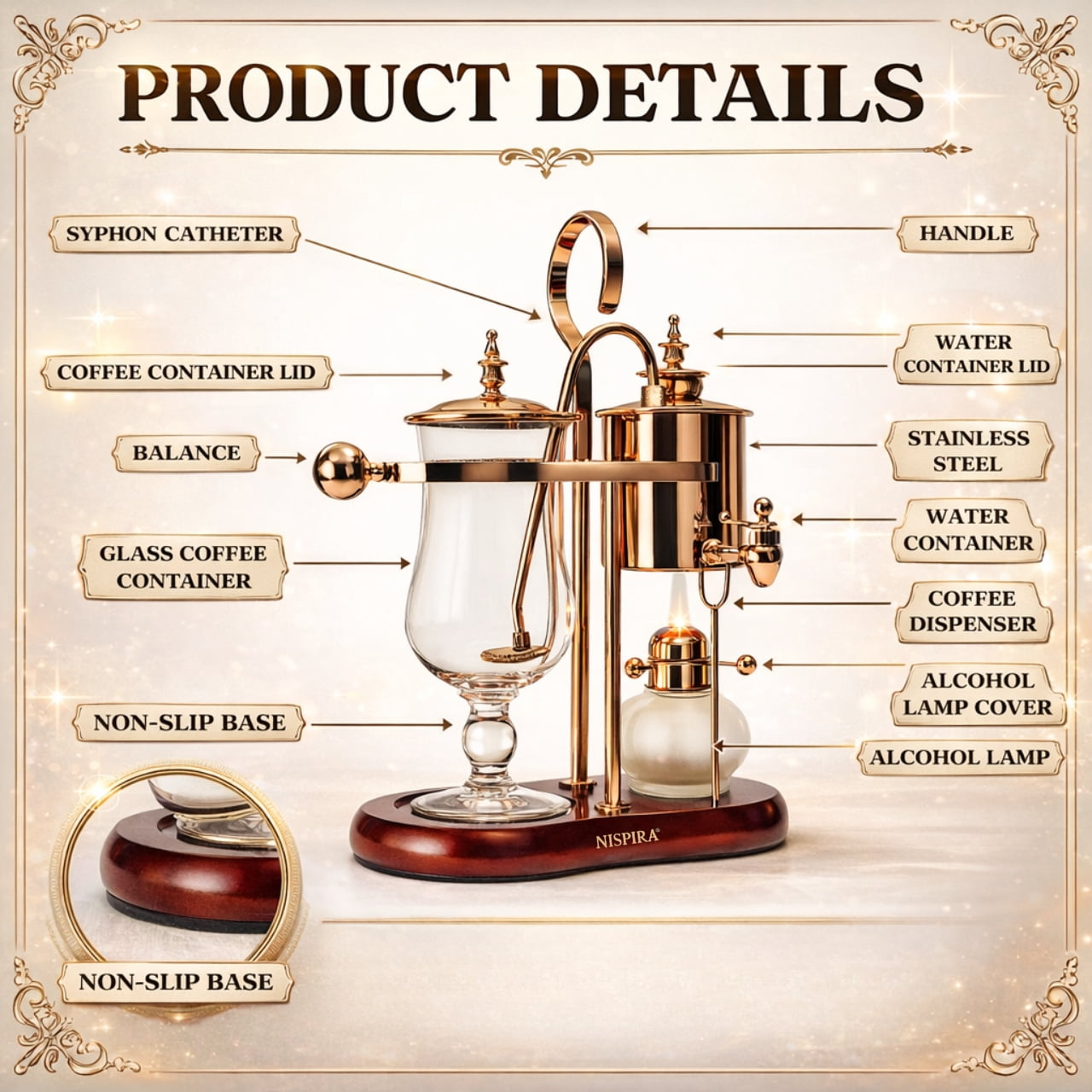 Nispira Belgian Belgium Luxury Royal Family Balance Syphon Siphon Coffee Maker Copper Color, 1 set