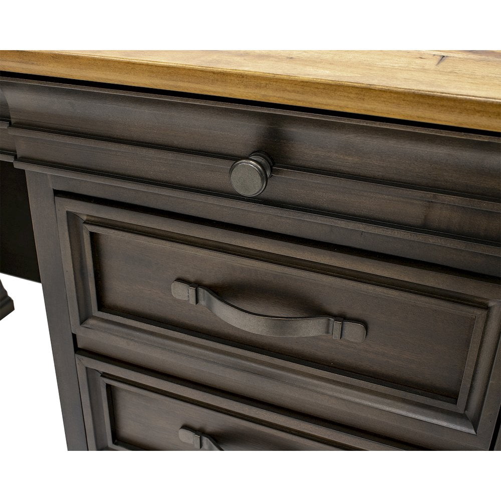 Executive Credenza Desk Writing Table With Solid Wood Plank Top Brown