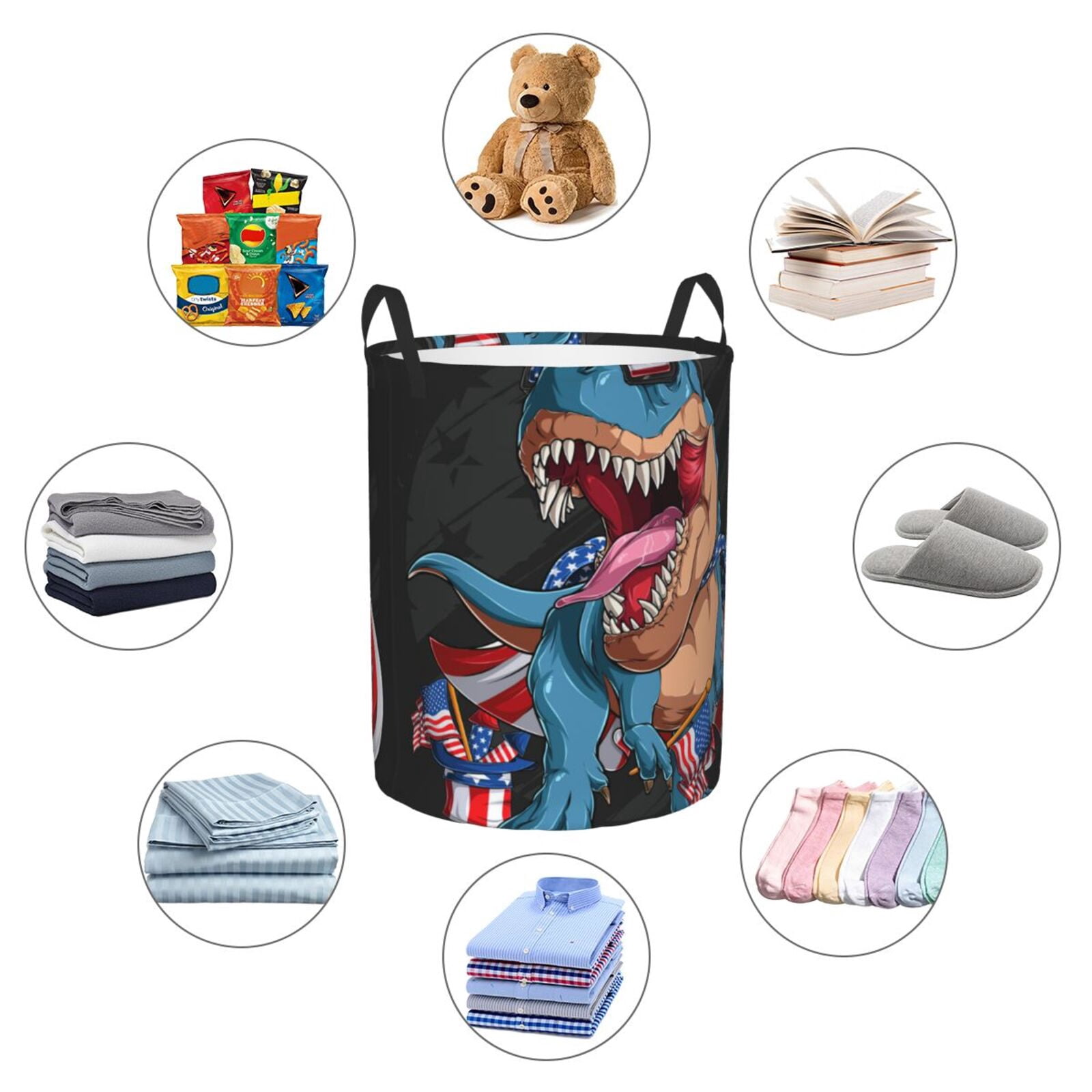 Large Laundry Basket with Handles - Blue Dinosaur Kids Baby Dirty Clothes Laundry Hamper for Bedroom Aesthetic