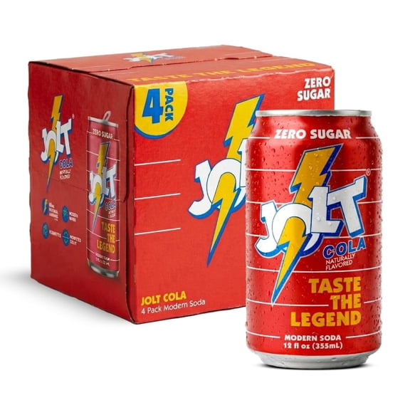JOLT Modern Soda - Jolt Cola, Zero Sugar, 80mg Caffeine, Vitamins B6 B12 B5, Prebiotics, Taurine, Alpha GPC, Green Coffee Bean Caffeine, No Fruit Juice, 1g Prebiotic Fiber, 12 fl oz (4 cans)