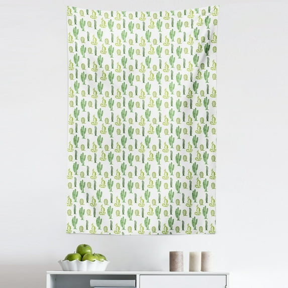 Cactus Tapestry, Doodle Style Cartoon Floral Arrangement Spring Season Mexican Culture, Fabric Wall Hanging Decor for Bedroom Living Room Dorm, 5 Sizes, Fern Green Apple, by Ambesonne