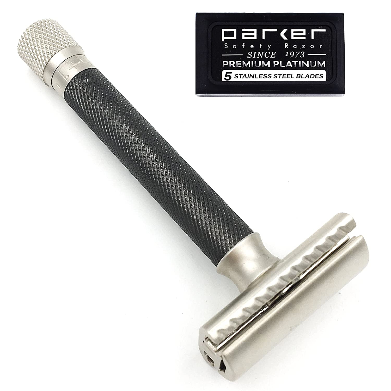 Parker Variant Adjustable Double Edge Safety Razor and 5 Parker Premium Blades - Graphite