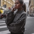 thumbnail image 3 of Honeeladyy Women Winter Gray O Neck Long Sleeve Pearl Knitted Sweater Blouse Pullovers, 3 of 9