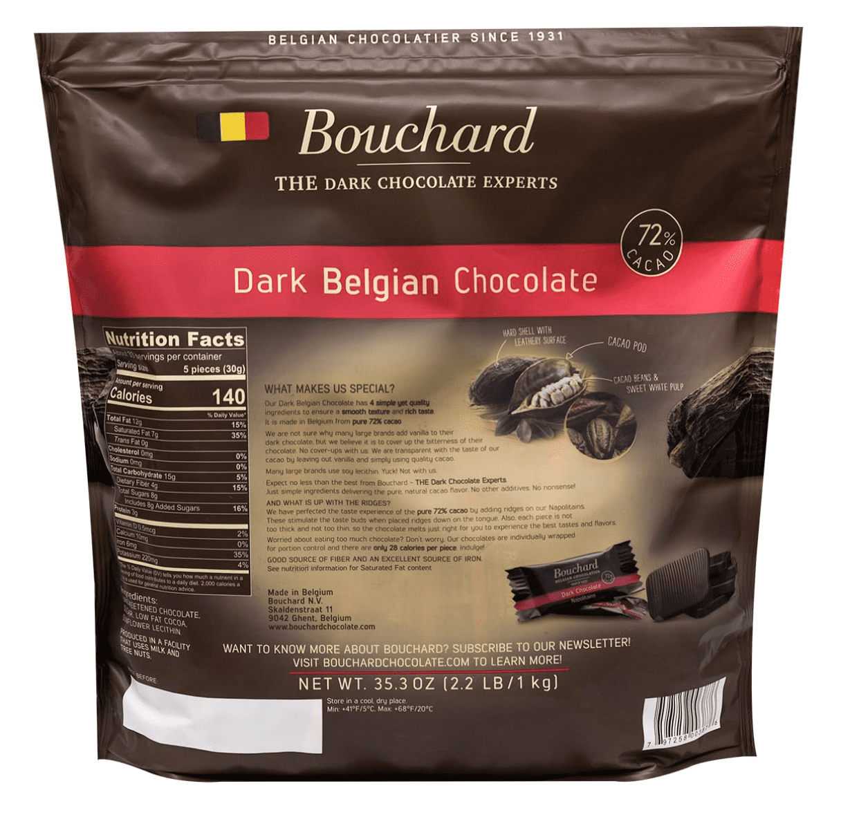 Bouchard Belgian Dark Chocolate Napolitains (72% Cacao) 35.3 OZ (2.2 LB/1KG)