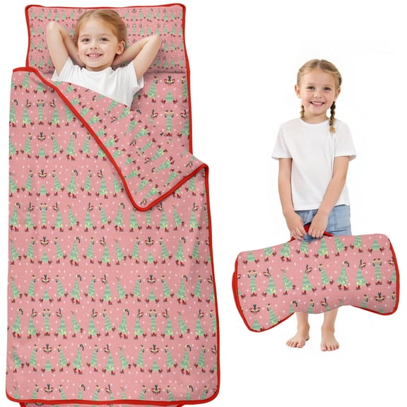 Pink Christmas Tree Pattern Toddler Nap Mats for Kids Preschool,50"x20" Sleeping Mat Bag or Kids,Toddler Sleeping Bag,Toddler Nap Mat or Daycare