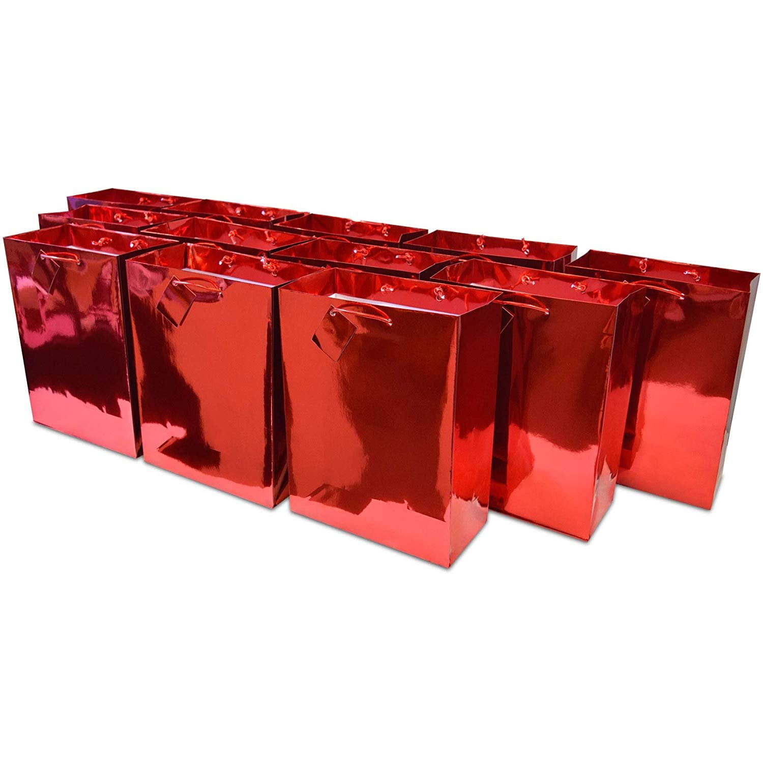 10x13x5” 12 Pcs. Large Metallic Red Paper Gift Bags with Metallic