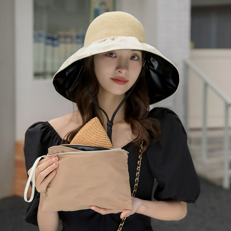 Waroomhouse Women Sun Hat Contrast Color Wide Brim Foldable Soft Vinyl  Sunscreen Decorative Breathable Summer Beach Hat Clothes Accessory 