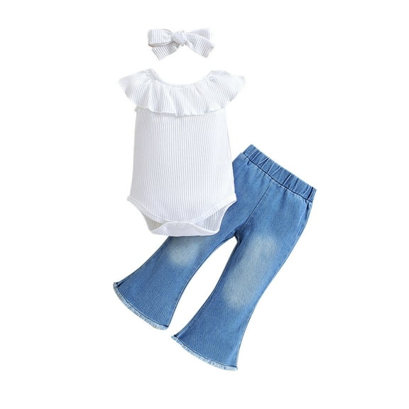 Zwiiyzr 6M-3T Toddler Baby Girls Clothes Set Ruffle Romper Flare Denim Jean Pants and Headband 3Pcs Set Newborn Infant Outfits Set White
