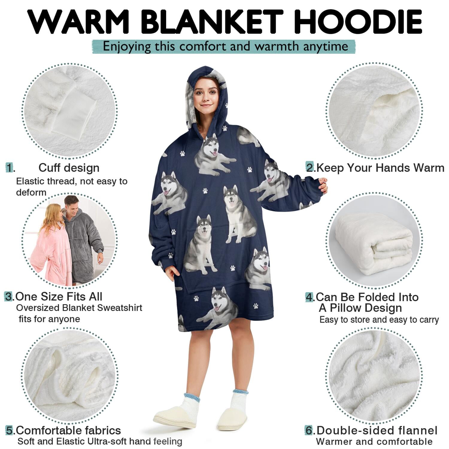 Siberian Husky Wearable Oversized Blanket,Wearable Blanket Hoodie for Adults,Cozy Hooded Blankets with Super Pockets,Super Warm Fuzzy Pullover for Women & Men