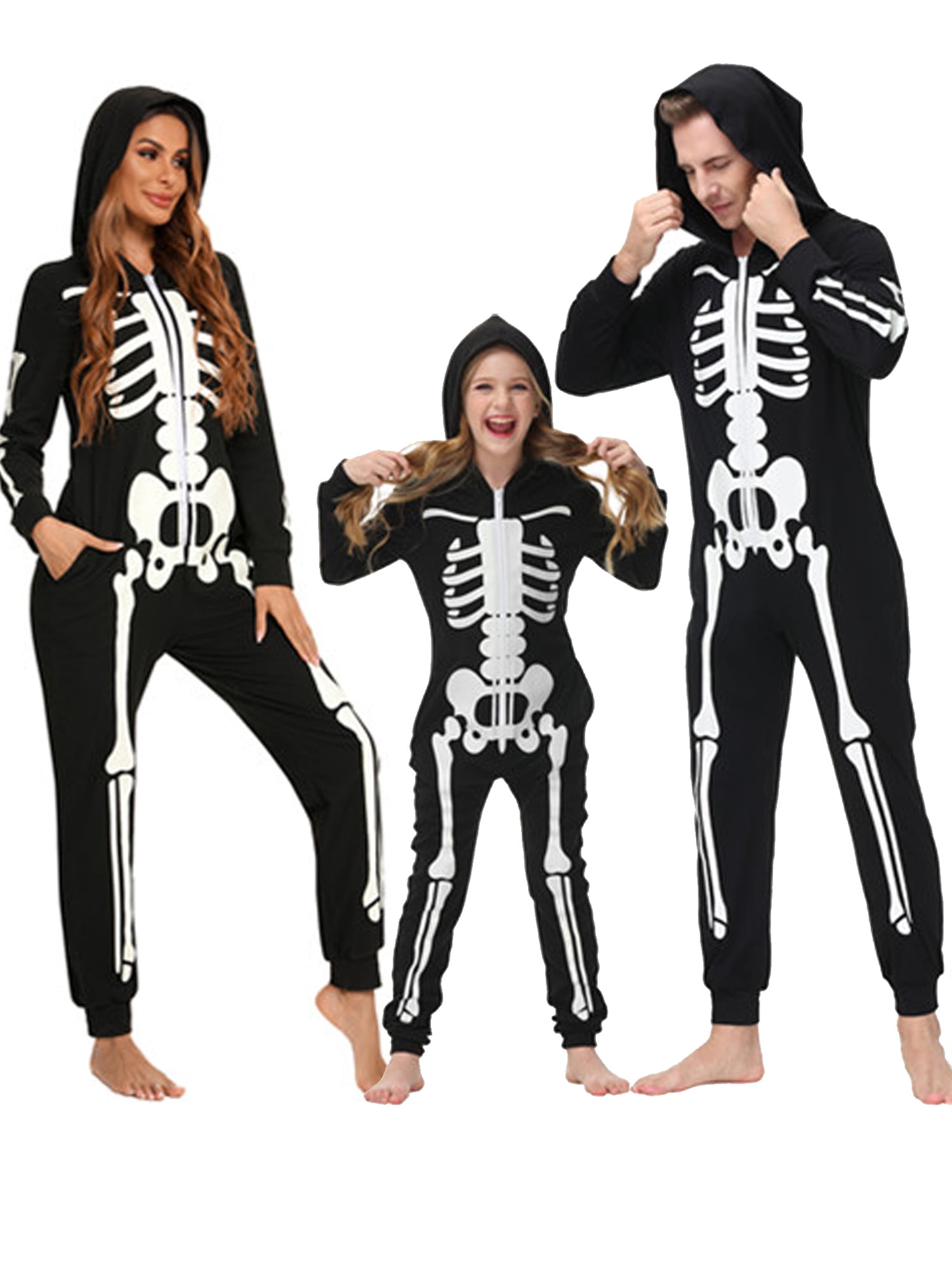 JBEELATE Matching Family Pajamas One-Piece Hooded Halloween Skeleton ...