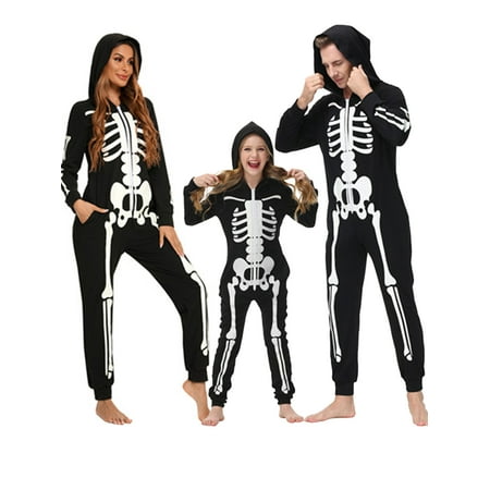 JBEELATE Matching Family Pajamas One-Piece Hooded Halloween Skeleton Pajamas Set