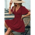 thumbnail image 4 of Women V Neck Mini Dress Summer Ruffle Sleeves A Line Elastic High Waist Flowy Swing Dresses Wine Red L, 4 of 7