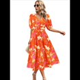 thumbnail image 1 of Vestido Floral con Escote en V para Mujer, Verano 2025, Moderno, Bohemio, Plisado, con Mangas Abullonadas. Color Naranja S, 1 of 5