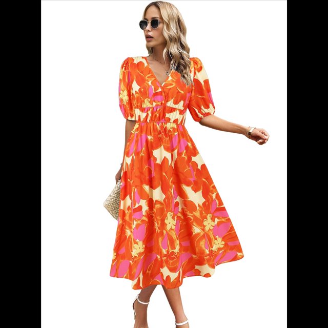 Vestido Floral con Escote en V para Mujer, Verano 2025, Moderno, Bohemio, Plisado, con Mangas Abullonadas. Color Naranja S