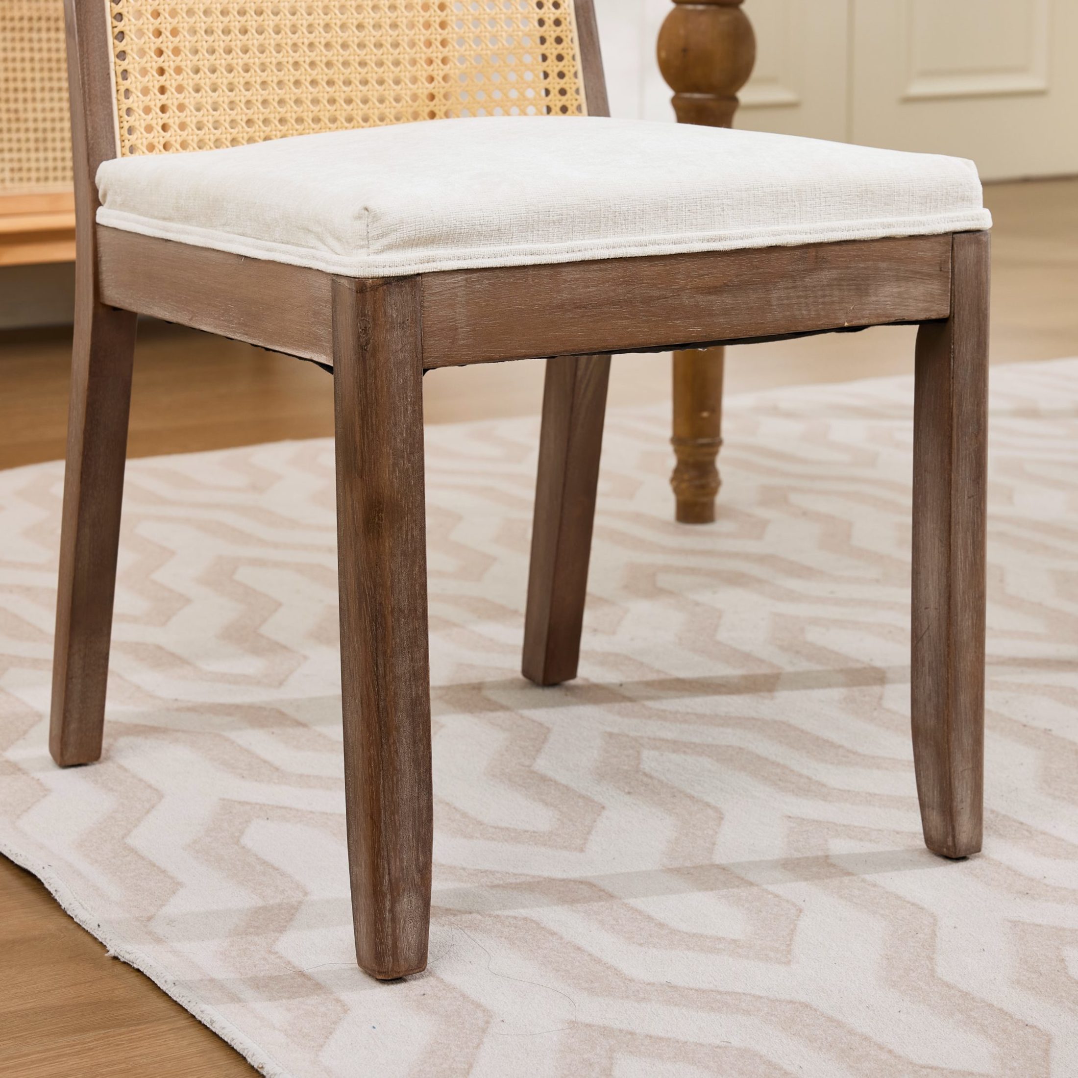 Noble House Set of 2 Dining Chairs, Curved Cane Back, Chenille Upholstered Seat, Beige