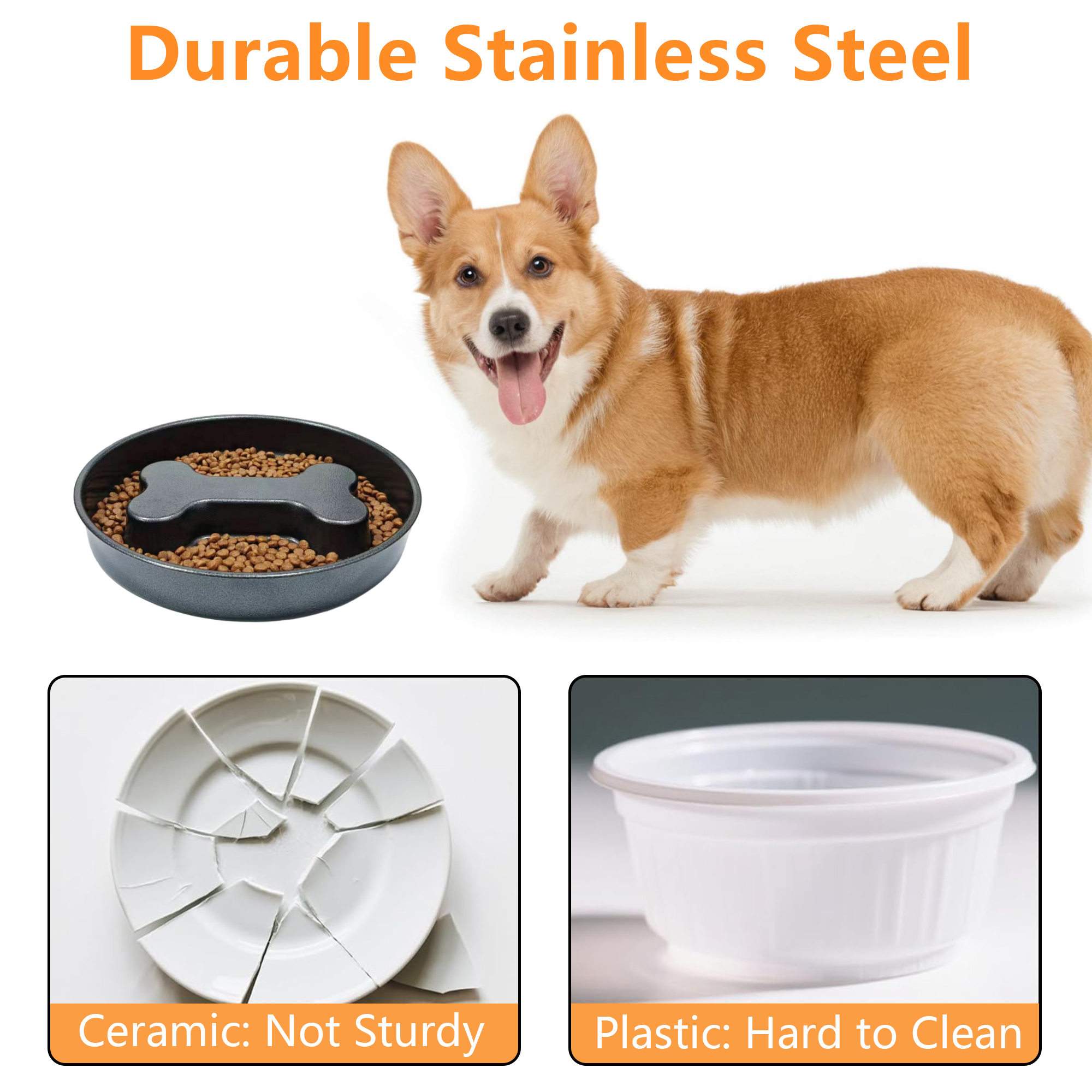 BLRTUN Slow Feeder Dog Bowl 2 Cups Heavy-Duty Stainless Steel with Hand-Hammered Finish, Non-Slip Lick Plate for Dogs and Cats, Durable Pet Food Holder for Small & Medium Breeds