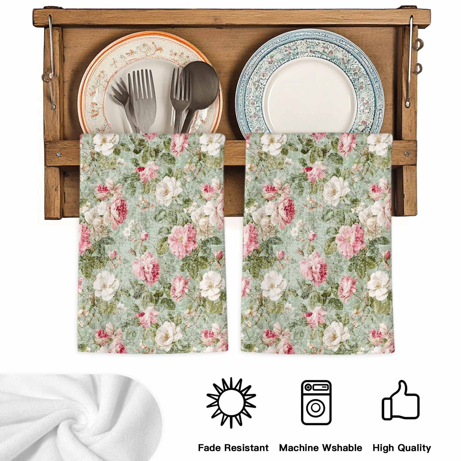 Dish Towels, Pink Bloom Flowers Absorbent Kitchen Towels 2 PCS, Retro Spring Floral Microfiber Hand Towels Dish Cloths Tea Towels for Home&nbsp;Bathroom Cleaning Drying,18X28-Inch,