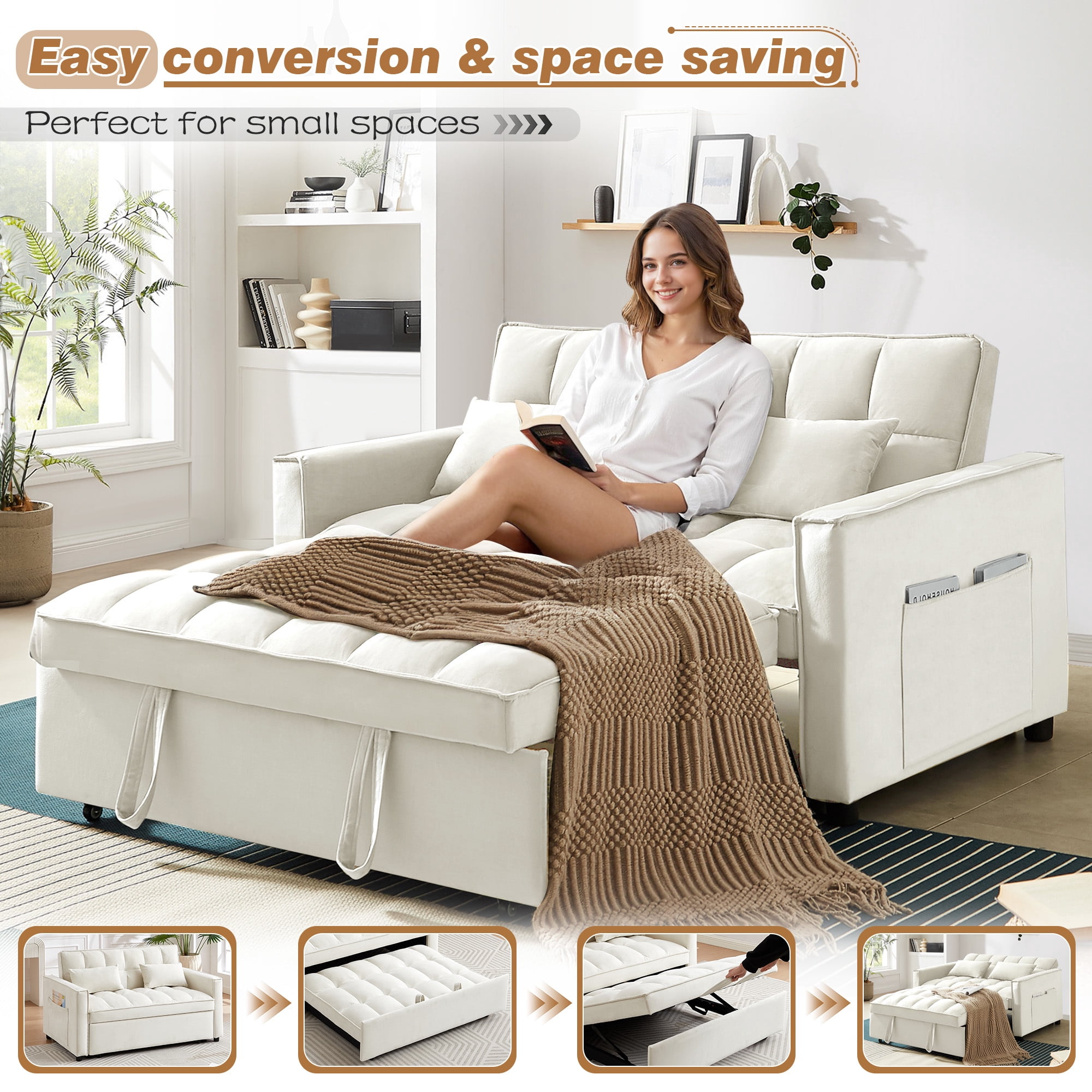 Lunale 4-in-1 Convertible Futon Sofa Bed, Pull Out Couch Beds Loveseat Sleeper, Beige Velvet
