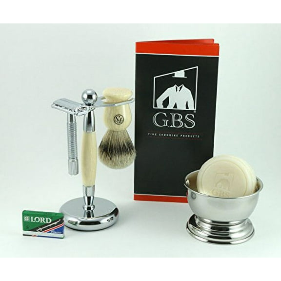 5 Piece Men's Shaving Set -- De Butterfly Razor, Fs Silvertip Brush, Chrome Bowl, GBS Soap and Ivory Stand