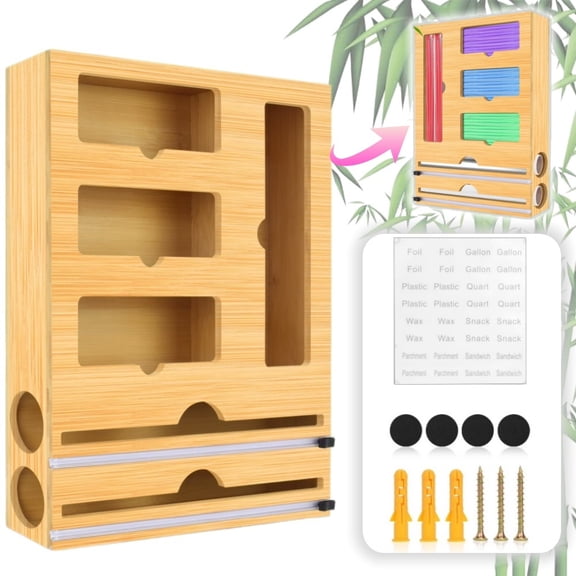 LQQBOX Cling Bag Organizer with Cutter, 6-in-1 Bamboo Aluminum Foil and Cling Wrap Organizer for Kitchen Drawers, Food Storage Bag Organizer