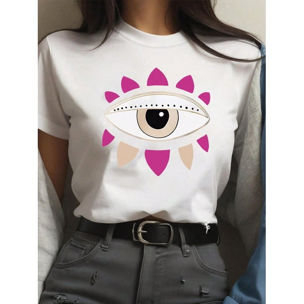 Camiseta de manga corta con estampado de ojos para mujer, camisetas informales