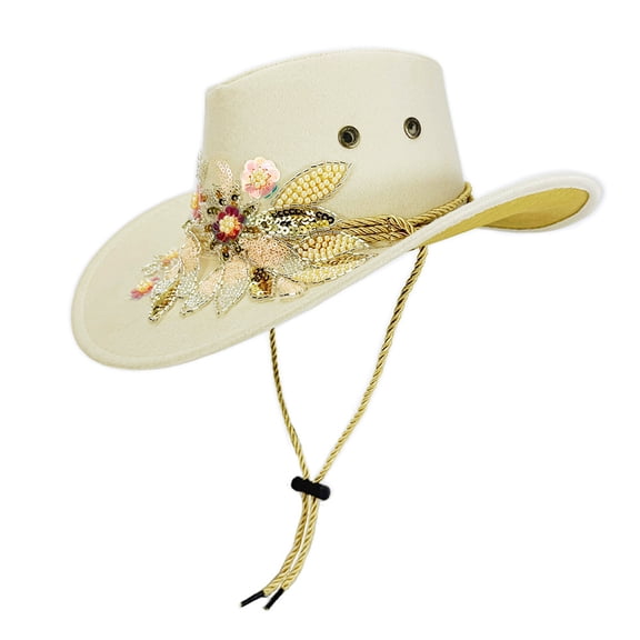 RUINIXCW Cute Cream White Cowgirl Hat Cowboy Hats For Women Suede Sequin Floral Embroidery Adjustable String Rodeo Party Cowgirl Hats Western Wide Brim Hat