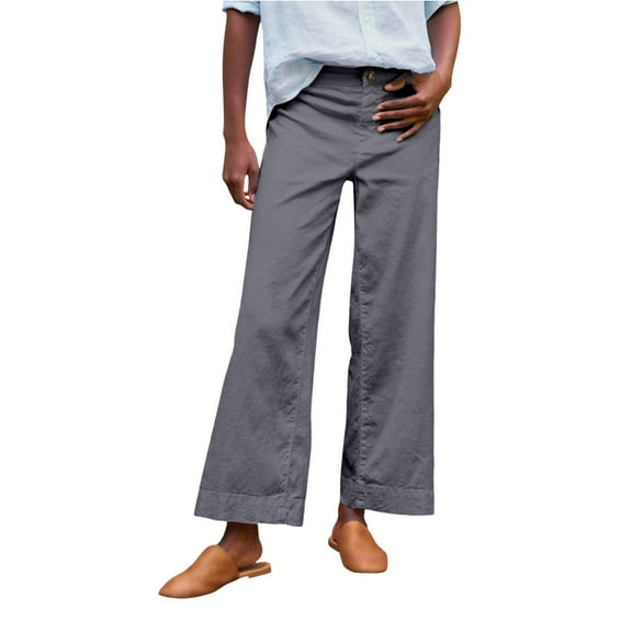 KALE Cotton Pants for Women Wide Leg Womens Daily Elastic Waist Pockets Straight Solid Color Casual Loose Cargo Long Trousers Women Pants Dark Gray