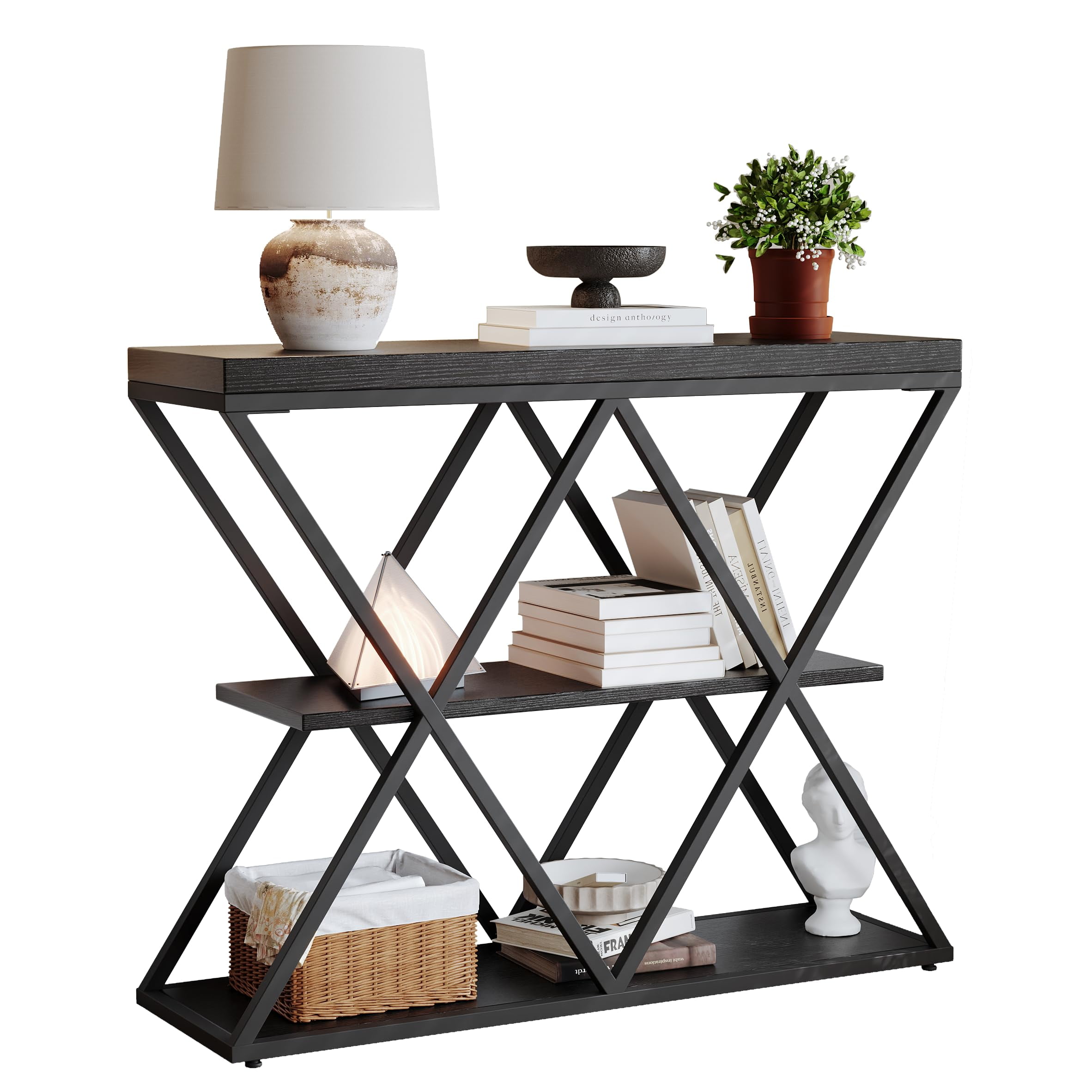 3-Tier Industrial Entryway Console Table - X-Shaped Metal Frame & Open Storage Shelves, Ideal Hallway Accent Table