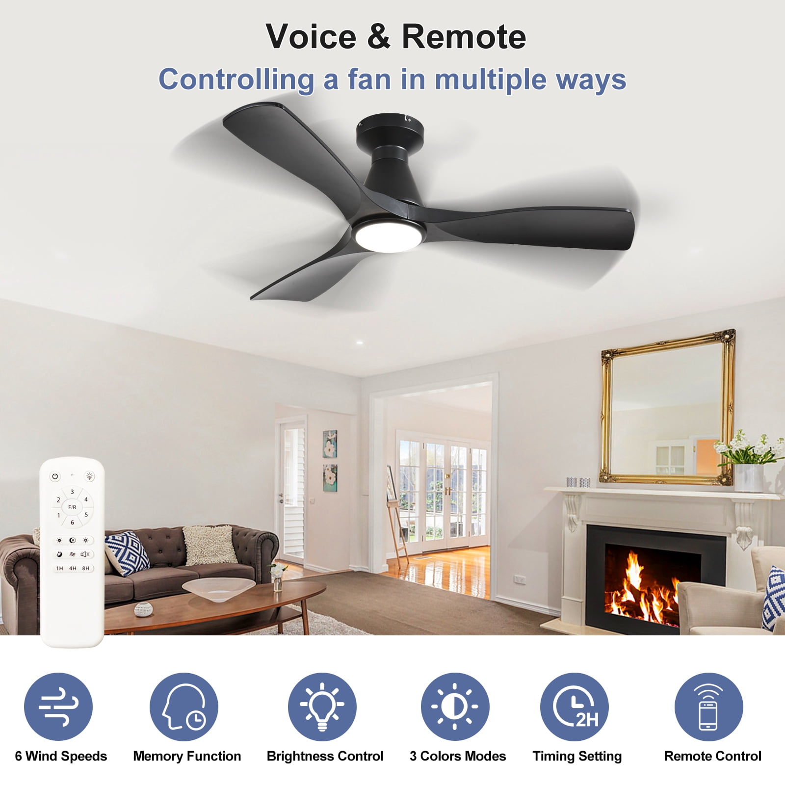 42-Inch Low Profile Flush Mount Ceiling Fan with Light - Black 3-Blade, Remote Control, Dimmable ＆ Timer, Ultra Quiet DC Motor, Hanging Fan for Indoor/Outdoor Use