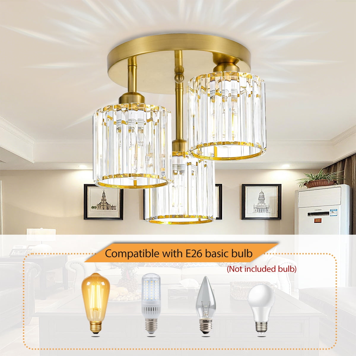 Crystal Semi Flush Mount Ceiling Light, 3-Light Close to Ceiling Light Fixtures, Modern Light Fixtures with Clear Crystal Shade, for Hallway Foyer Entryway Bedroom Kitchen, Gold