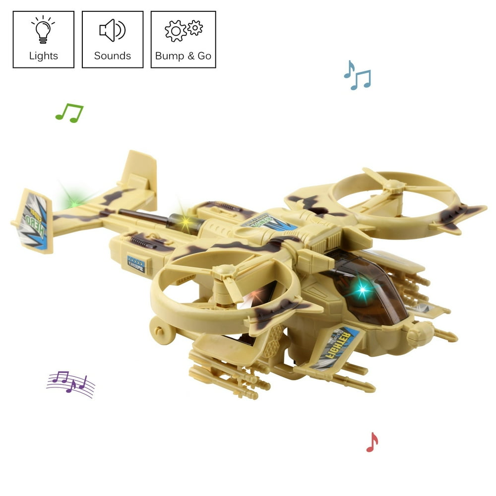 Vokodo Military Helicopter With Lights And Sounds Bump And Go Self Riding Dual Rotor Army