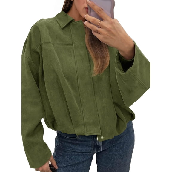 Long Sleeved Women Spring Fall Faux Suede Bomber Jackets Turn-down Collar Casual Lapel Zipper Jacket